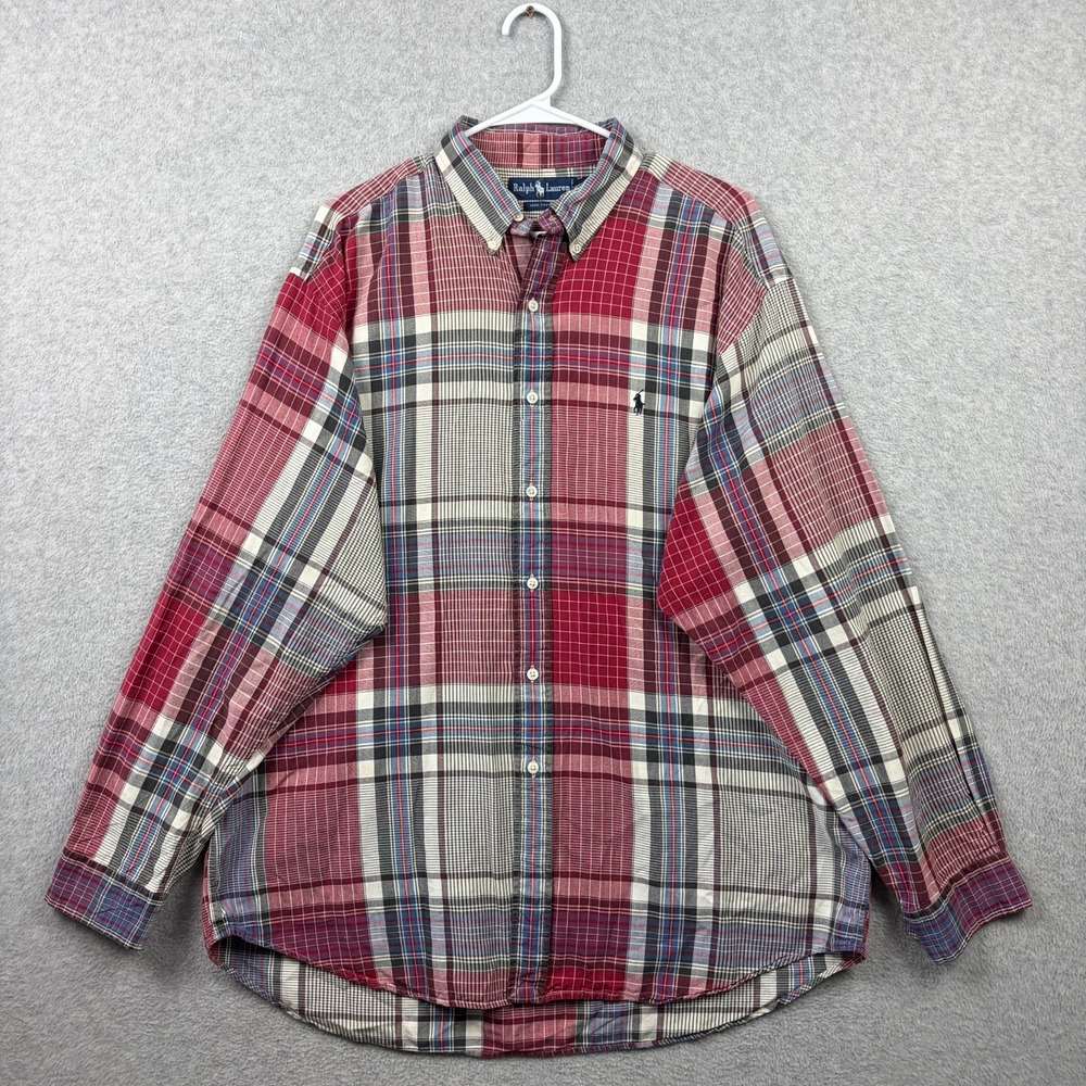 Vintage Ralph Lauren Shirt Mens XL Madras Plaid Long Sleeve Button Down 90s